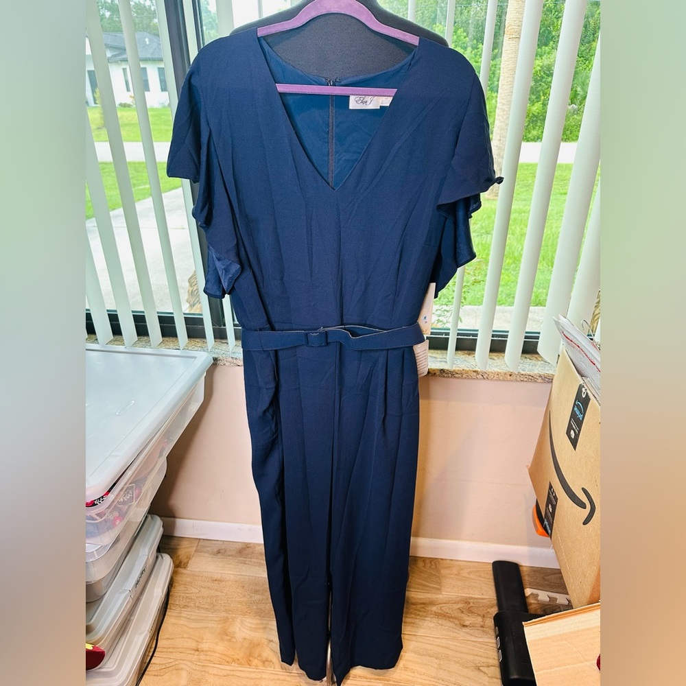 Eliza J Navy Blue V-Neck Cap Sleeves Belted Wide Leg Jumpsuit Plus  Sz 20W NEW